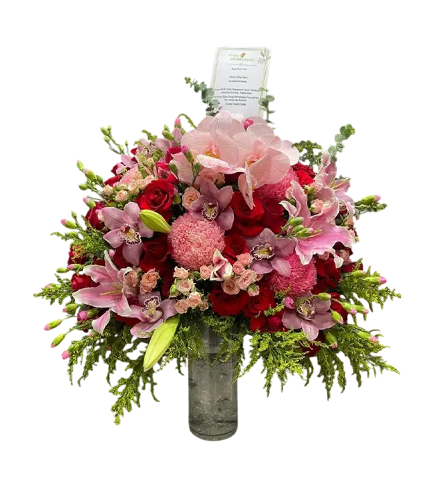 aini-table-flower-pink-pompom-roses-orchid-carnation-lily-babyblue-silver-dollar-amaranthus-athaya-florist