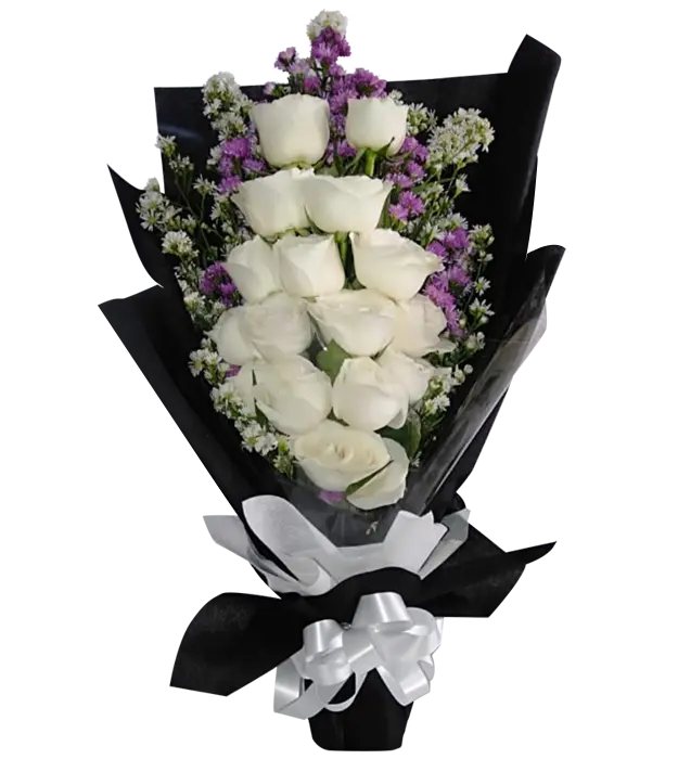 bahira-flower-bouquet-15-white-roses-aster-black-wrapping-athaya-florit