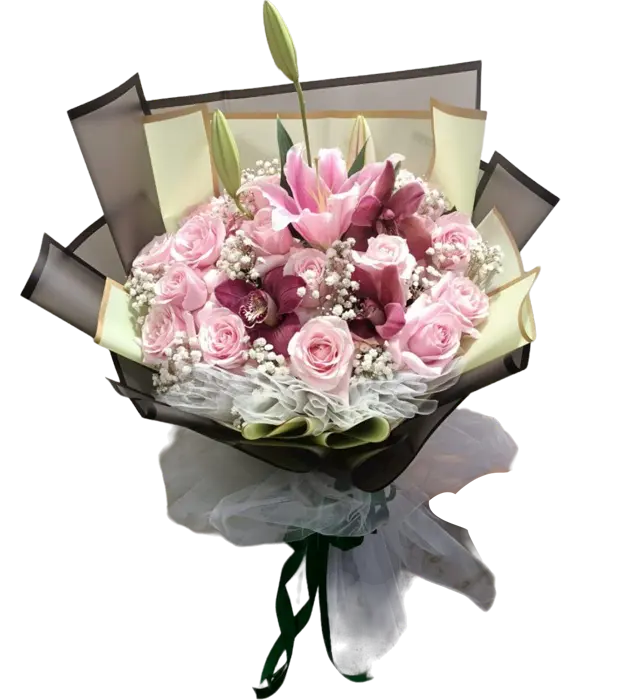 belinda-flower-bouquet-pink-roses-cymbidium-orchid-lily-baby-breath-athaya-florist
