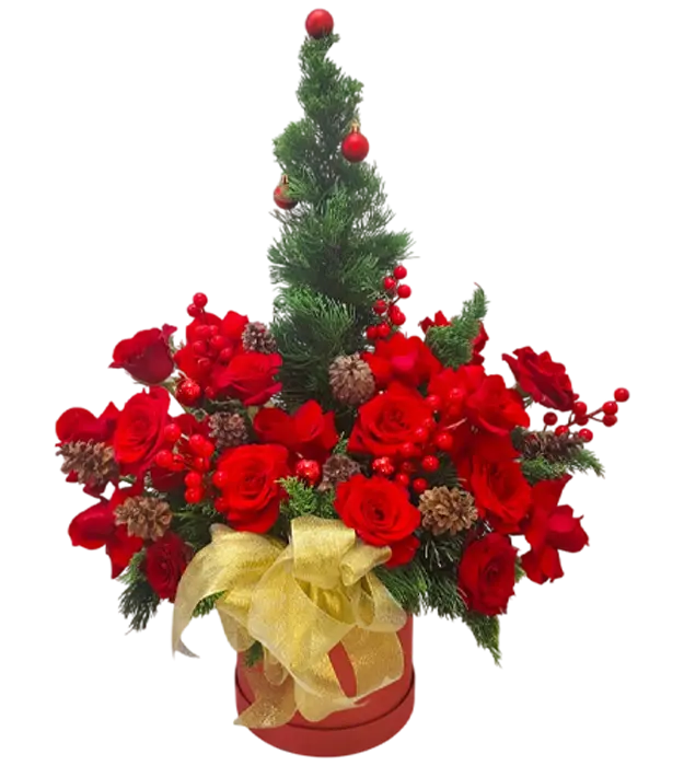 carol-christmas-themed-flower-box-red-roses-pinecone-pine-tree-athaya-florist