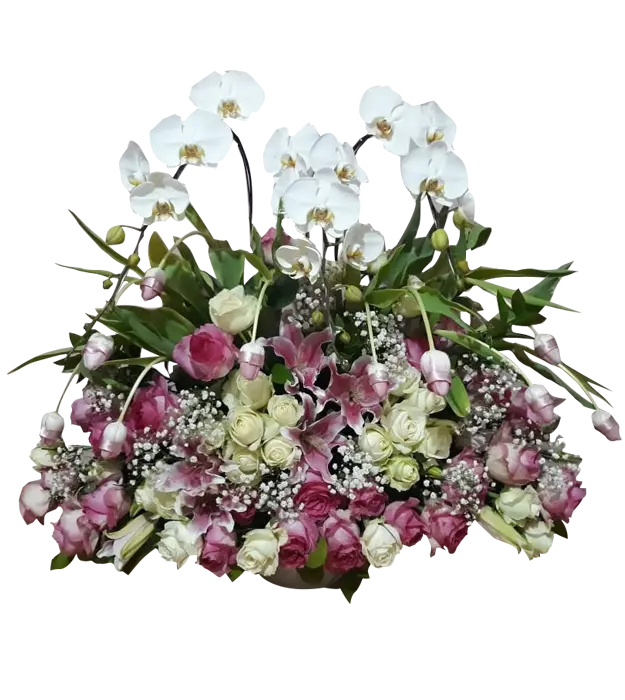 charisa-table-flower-arrangements-pink-white-cream-orchid-roses-athaya-florist