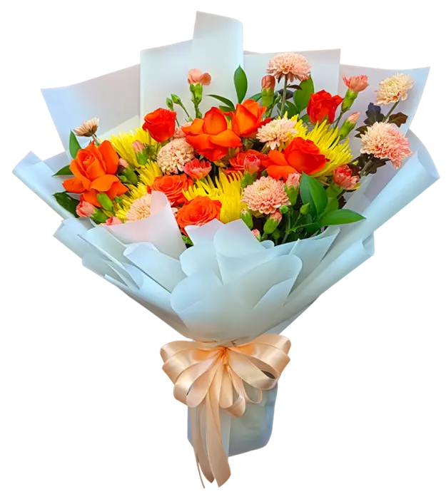 hana-fresh-flower-bouquet-orange-roses-pompom-carnation-chrysantemum-athaya-florist-bogor