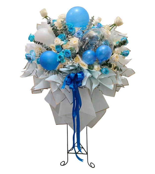 hanabi-blue-balloon-standing-flower-bouquet-roses-baby-breath-silver-dollar-athaya-florist