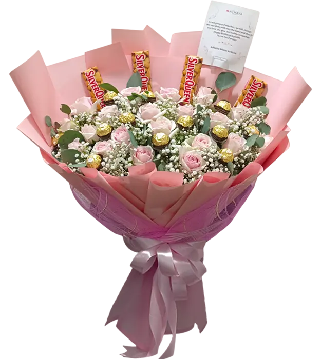hazel-fresh-flower-bouquet-pink-roses-baby-breath-chocolate-ferrero-rocher-silverqueen-athaya-florist-solo