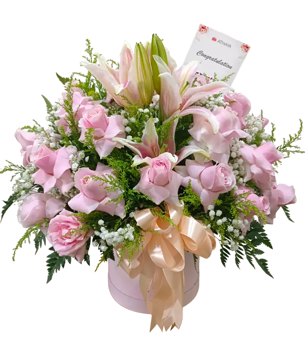 linda-flower-box-pink-roses-casablanca-baby-breath-athaya-florist