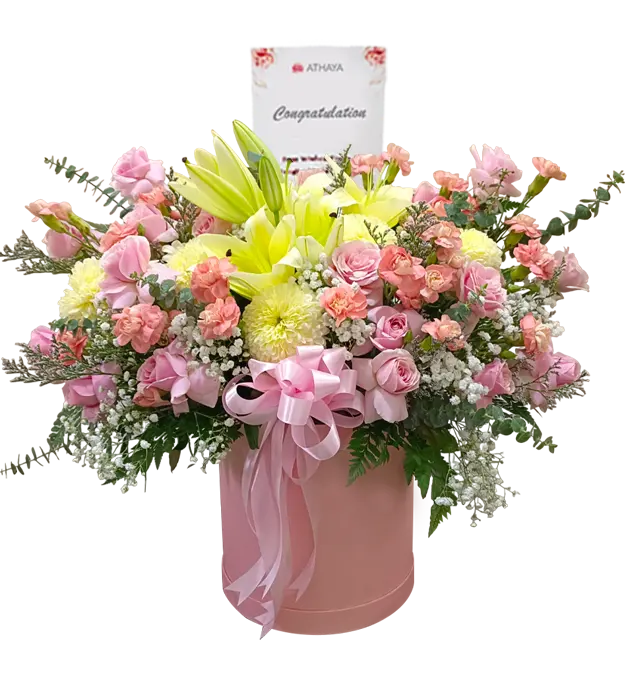 loretta-flower-box-pink-roses-gompie-carnation-lily-caspea-baby-breath-athaya-florist