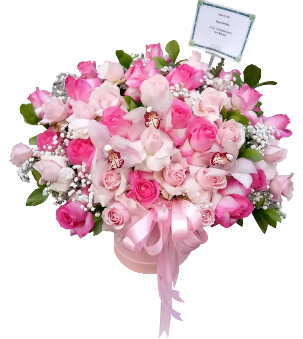 lucia-love-themed-flower-box-pink-roses-baby-breath-orchid-cymbidium-athaya-florist