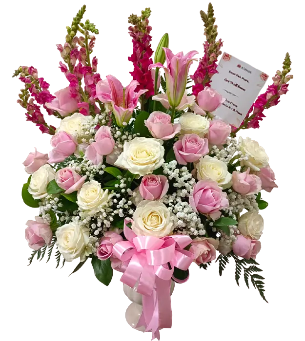 magdalena-vase-flower-pink-white-roses-casablanca-snap-dragon-baby-breath-congratulations-athaya-florist