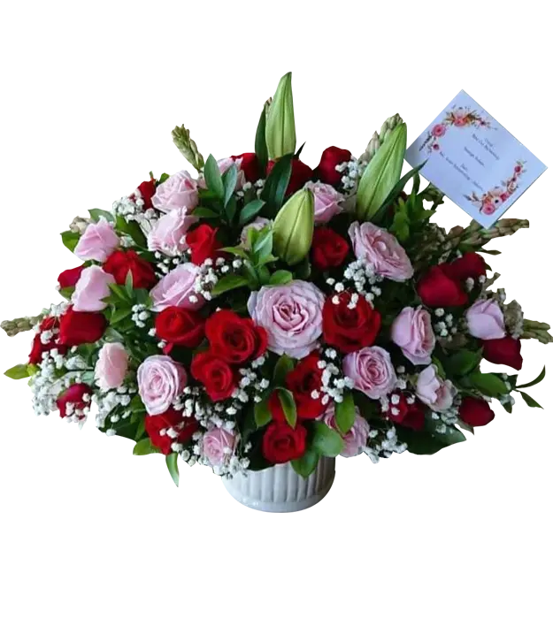 melanie-table-flower-arrangement-roses-lily-baby-breath-snapdragon-athaya-florist