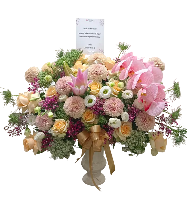 monica-table flower-arrangement-roses-orchid-gompie-lily-casablanca-baby-breath-lisianthus-amimajus-athaya-florist