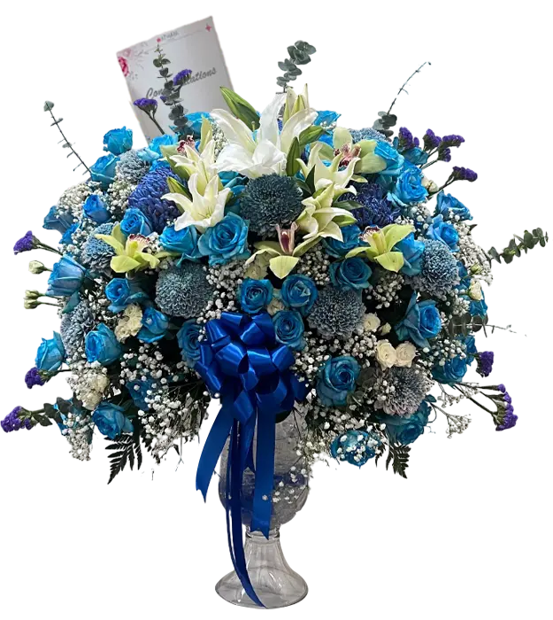 regina-fresh-flower-arrangement-crystal-clear-vase-orchid-cymbidium-blue-roses-gompie-baby-breath-lily-silver-dolar-athaya-florist