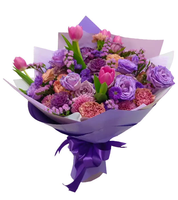 sana-fresh-flower-bouquet-purple-imported-tulip-gompie-roses-aster-carnation-athaya-florist-jakarta