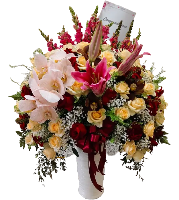 sophia-fresh-flower-arrangement-red-peach-roses-orchids-cymbidium-casablanca-snapdragon-baby-breath-athaya-florist