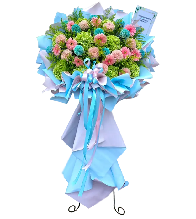tahani-blue-bright-standing-flower-bouquet-hydrangea-pom-pom-gerbera-athaya-florist