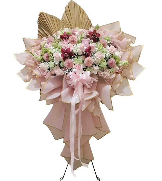 takami-pastel-color-standing-flower-bouquet-roses-pompom-orchid-cymbidium-dried-palm-leaf-amimajus-baby-breath-athaya-florist