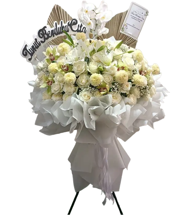 tamara-condolence-standing-flower-bouquet-white-roses-orchid-cymbidium-lily-pompom-baby-breath-athaya-florist