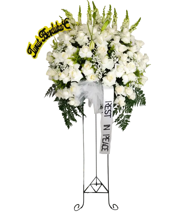 tara-white-rest-in-peace-condolence-standing-flower-bouquet-athaya-florist