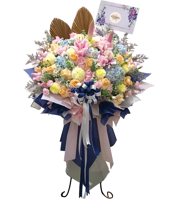 tiara-amazing-blue-standing-flower-bouquet-hydrangea-roses-gompie-casablanca-carnation-caspea-baby-breath-athaya-florist-jakarta