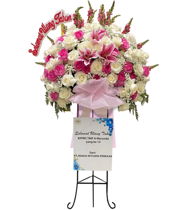 tilana-birthday-anniversary-pink-white-standing-flower-bouquet-roses-lily-snapdragon-baby-breath-athaya-florist-kuta