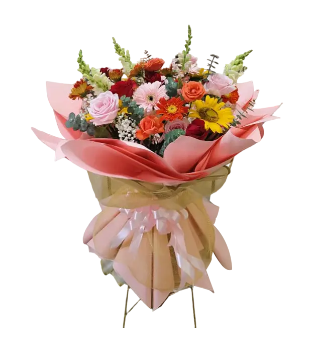 tomoko-bright-colorful-standing-flower-bouquet-roses-sunflower-daisy-gerbera-baby-breath-silver-dollar-tuberose-athaya-florist