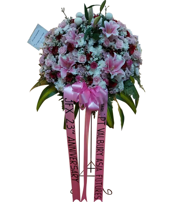 trinity-pink-congratulations-standing-flower-bouquet-roses-chrysantemum-aster-casablanca-snapdragon-athaya-florist-depok