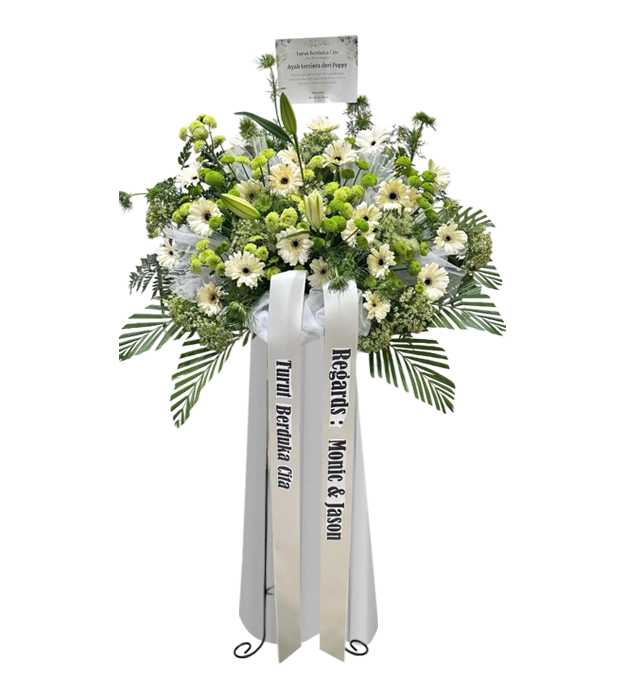 trista-white-standing-flower-bouquet-gerbera-amimajus-lily-palm-leaf-athaya-florist-kelapa-gading