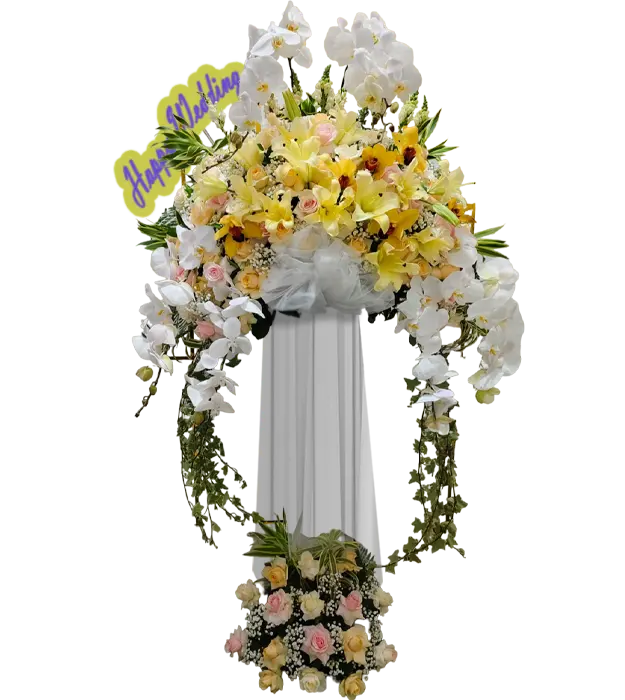 tyra-happy-wedding-standing-flower-bouquet-orchid-lily-roses-baby-breath-cymbidium-snapdragon-athaya-florist-alam-sutera