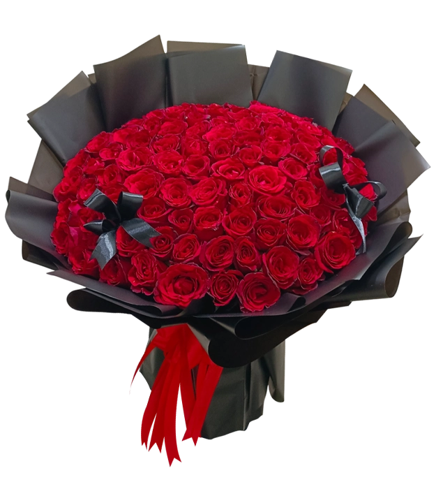 wanda-fresh-flower-bouquet-100-red-roses-black-wrapping-valentine-athaya-florist-jakarta
